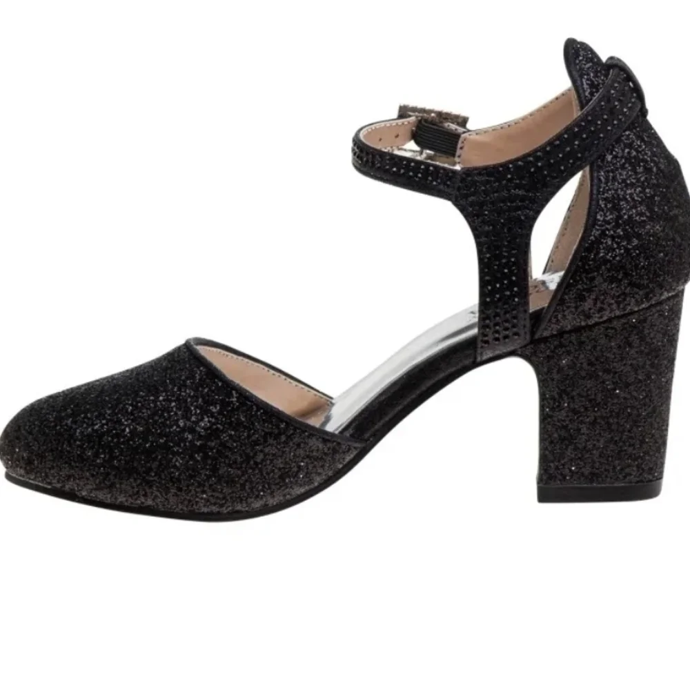 Badgley Mischka Girls' Black Glitter Ankle-Strap Block Heel